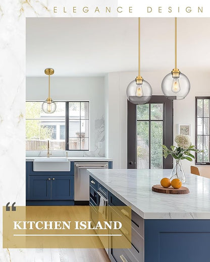 Brass Pendant Lights Kitchen Island 2 Pack, Farmhouse Gold Pendant Light with Clear Glass Globe Shade, Kitchen Island Lighting for Dining Room Entryway, AD-22280-1P2-GD-C