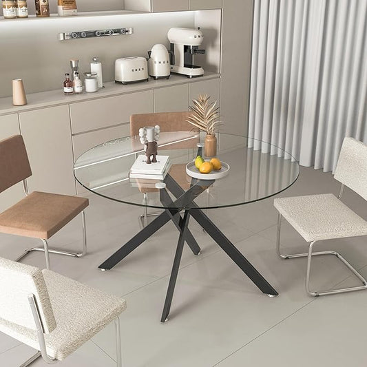 Round Glass Dining Table,Glass Dining Room Table with Tempered Glass Tabletop and Metal Legs, Modern Style Round Kitchen Table for Home, Kitchen, Dining Room