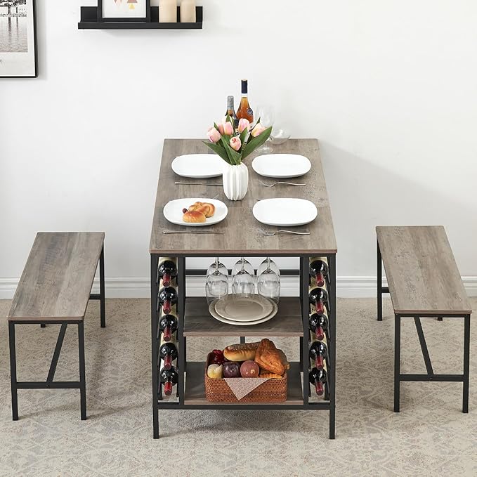 Garvee Dining Table Set for 4, Kitchen Table Set for 4 with 2 Benches, 3 Piece Dining Room Table Set for Small Space Apartment, Grey
