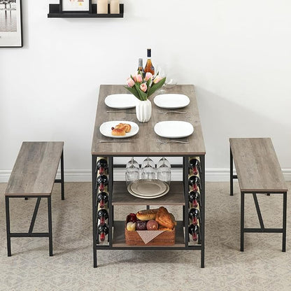 Garvee Dining Table Set for 4, Kitchen Table Set for 4 with 2 Benches, 3 Piece Dining Room Table Set for Small Space Apartment, Grey