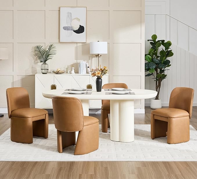 Hyfirm Modern Upholstered Dining Chairs Set of 2, Faux Leather Accent Side Dining Chairs Armless Kitchen Chairs with Curved Back Parsons Chairs for Kitchen Dining Room Living Room, Brown