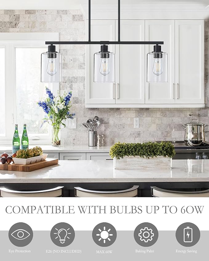 Doraimi Lighting Modern 3 Light Indoor Hanging Kitchen Island Light Black Finish 5.3" Clear Glass Chandelier Shade for Bar Dining Room Kitchen Island Over Sink