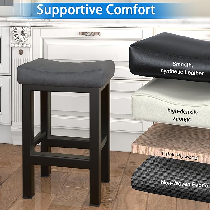 Bar Stools Set of 2, 24 Inch Counter Height Bar Stools for Kitchen Island, Faux Leather Upholstered Thick Saddle Seats & Heavy Duty Metal Base, Easy Assembly, Gray