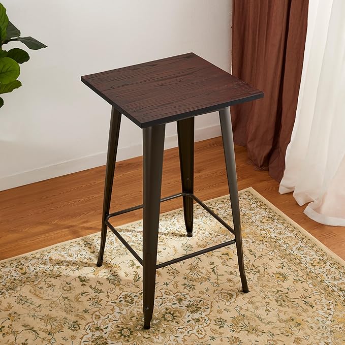 Glitzhome Bar Table and Chairs, Gray Fabric Adjustable Swivel Bar Stools Set of 2, Square Rustic Cocktail Pub Table for Kitchen Island Bistro Office Living Room Dining Room Small Space Restaurant