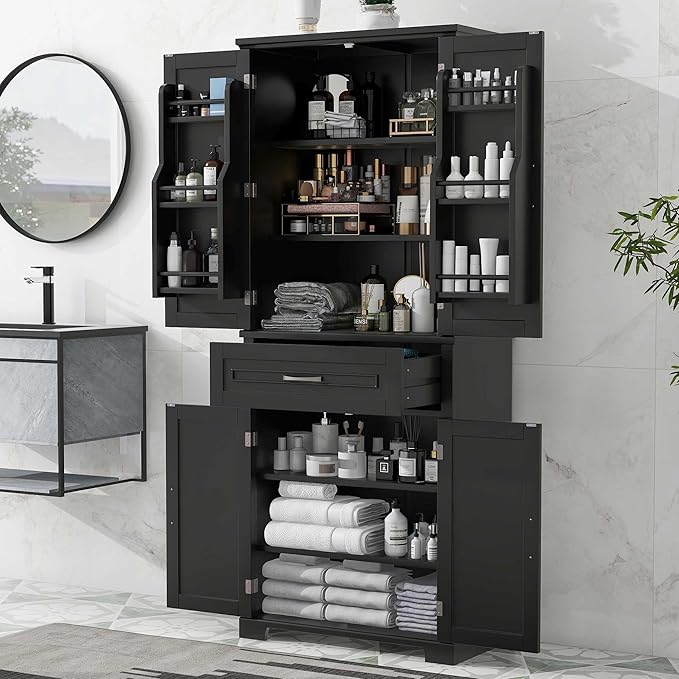 Storage Cabinet with 4 Doors and Drawers, 72.2" H Kitchen Cabinet with 6 Door Shelves, Kitchen Storage Cabinets with Adjustable Shelves for Living Room, Black