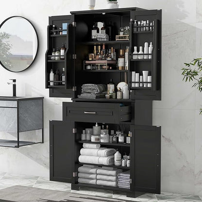 Storage Cabinet with 4 Doors and Drawers, 72.2" H Kitchen Cabinet with 6 Door Shelves, Kitchen Storage Cabinets with Adjustable Shelves for Living Room, Black