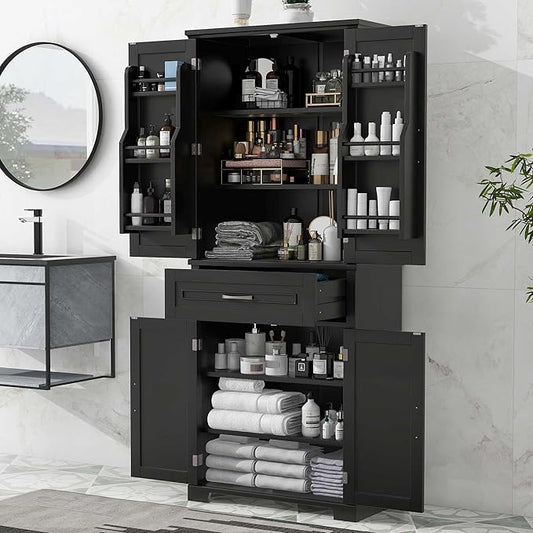 Storage Cabinet with 4 Doors and Drawers, 72.2" H Kitchen Cabinet with 6 Door Shelves, Kitchen Storage Cabinets with Adjustable Shelves for Living Room, Black