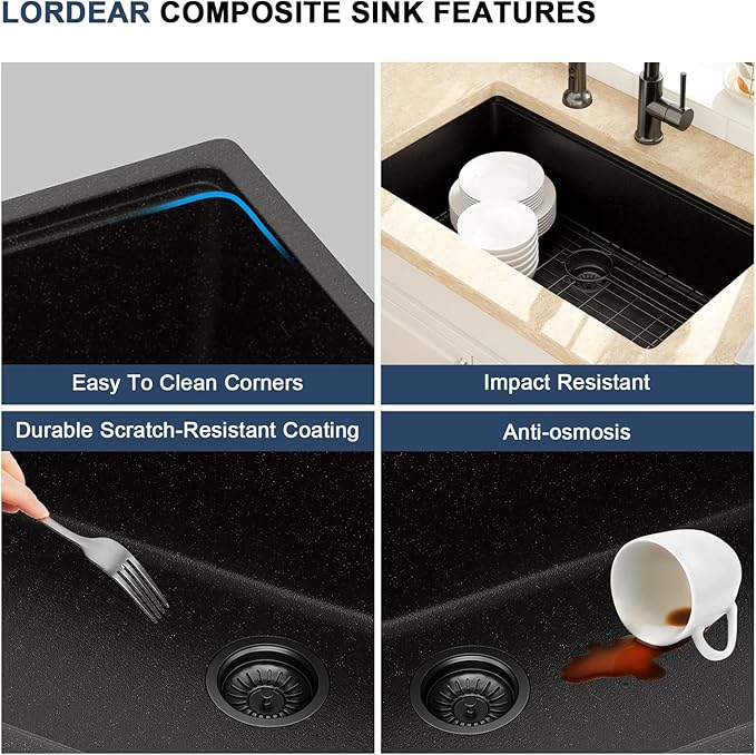 Lordear 33 Inch Black Undermount Kitchen Granite Composite Workstation 33x19 Matte Black Undermount Quartz Sinks Under Counter Single Bowl Sink with Matte Black Accessories