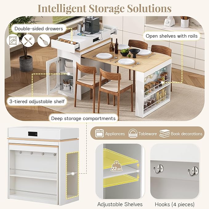 Extendable Dining Table with Folding Tabletop & Power Outlet, Modern Kitchen Island Sideboard with Wheels, Hidden Drawers & USB Charging, Sturdy Buffet Table for Small Spaces (Creamy White+Natural)