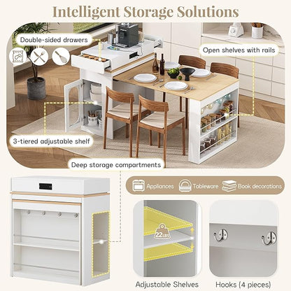 Polibi Modern Extendable Dining Table with Built-in Charging Station, Hidden Drawers & Glass Door Storage, Floating Design Expandable Sideboard for Kitchen and Living Room, Creamy White+Natural
