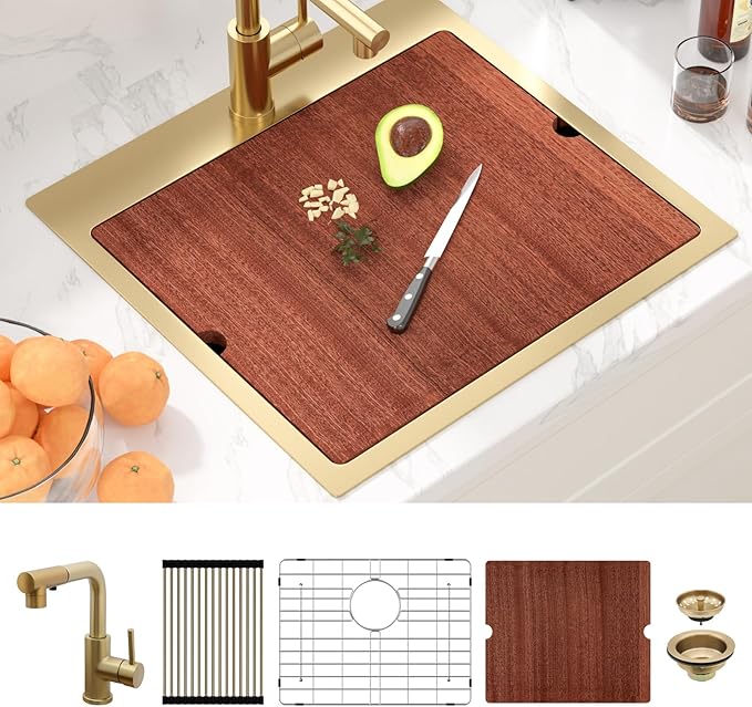 Sarlai 21 Gold Kitchen Sink with Faucet- 21x20 Inch Drop In Kitchen Sink Gold Ledge Workstation Sinks 16 Gauge Stainless Steel Single Bowl Topmount Sinks with Pull-out Faucet