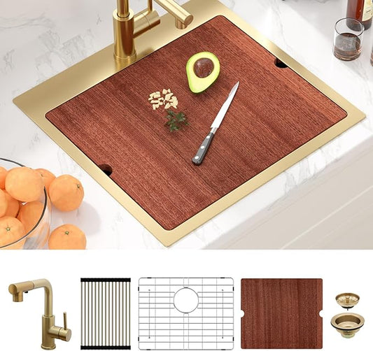 Sarlai 21 Gold Kitchen Sink with Faucet- 21x20 Inch Drop In Kitchen Sink Gold Ledge Workstation Sinks 16 Gauge Stainless Steel Single Bowl Topmount Sinks with Pull-out Faucet