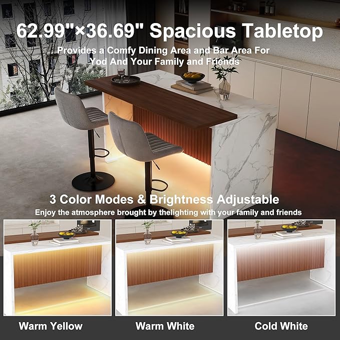 Runboll 63" Large Island Table Set with 2 Bar Stools, Modern Faux Marble Dining Table Set with Multi-Color LED Lights, Kitchen Island with Grille Design for Dining Room, Home, Office, Living Room