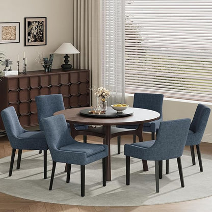 COLAMY Modern Dining Chairs Set of 6, Upholstered Corduroy Accent Side Leisure Chairs with Mid Back and Wood Legs for Living Room/Dining Room-Blue