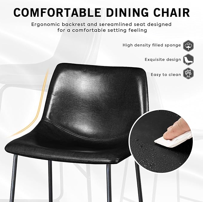 LEMBERI Faux Leather Dining Chairs Set of 4, 18 Inch Modern Kitchen & Dining Room Upholstered Chairs with Backrest and Metal Legs (Black)