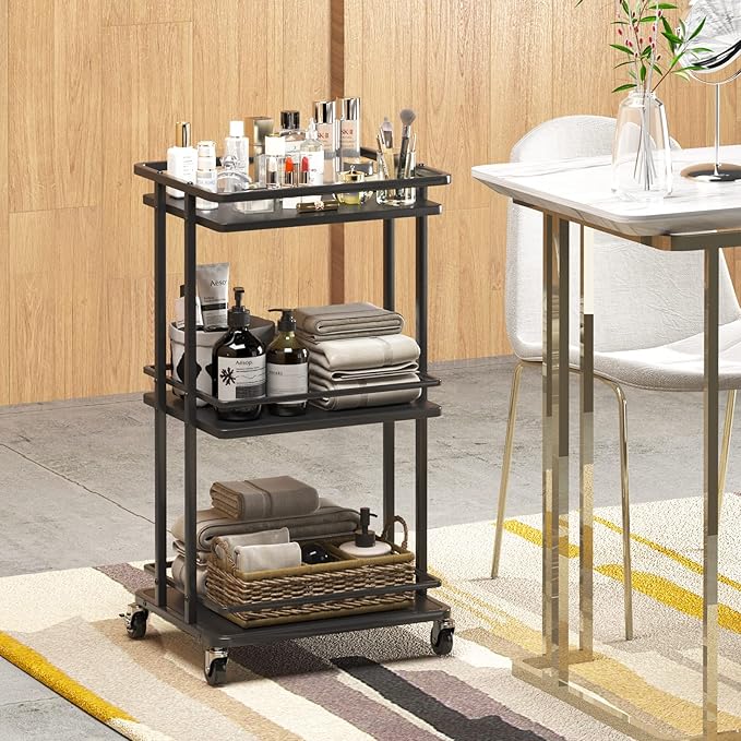 XYZLVSI 3-Tier Rolling Serving Bar Cart, Wood and Metal Kitchen Island Storage Cart with Wheels, Multifunction Utility Cart Storage Rack for Home, Kitchen, Bar, Dinning Room, Living Room (Black)