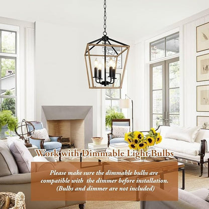 Farmhouse Chandelier 4-Light, Oak Wood Pendant Light Fixture for Kitchen Island Dining Room, Lantern Industrial Lighting Ceiling Hanging with Metal Cage Adjustable Height for Entryway Foyer