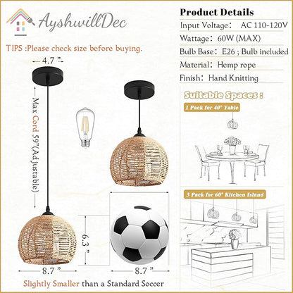2 Pack Wicker Pendant Light Natural Woven Pendant Light Boho Chandelier Light Fixture Dome Rustic Farmhouse Pendant Lights Rattan Light Fixture for Kitchen Island Dining Room (Bulb Incl.)