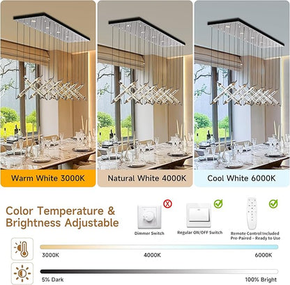 55" LED Rectangular Crystal Chandeliers for Dining Room, Modern Rectangle Crystal Chandelier, Luxury, Dimmable LED with Remote, for Kitchen Island, Dining Room