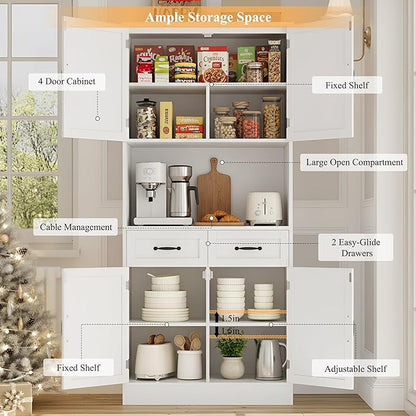 HOSTACK 71“ Tall Kitchen Pantry Storage Cabinet, Modern Kitchen Hutch Bar Cabinet with Microwave Stand, Wood Buffet Sideboard with Hutch, Cupboard with Drawers, Shelves for Dining Room, White
