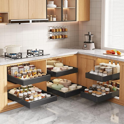 Seinloes 4 Pack Pull Out Cabinet Organizers 21" Deep With Raising Pad for Framed Cabinets, Expandable Width (9"-14") Slide Out Drawers Upgrade 3 Slide Rails, Roll Out Shelves Adhesive, Black