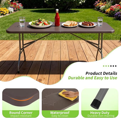 BestOffice 6 FT Picnic Table, Portable Plastic Folding Table with Carrying Handle Perfect for Picnics, Parties, Party and Camping, Brown