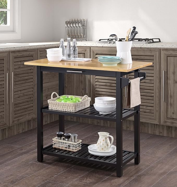 Convenience Concepts Designs2Go 3 Tier Butcher Block Kitchen Prep Island 40" - 3 Tier Modern Cooking Cart with Drawer, Food Serving Station for Kitchen, Dining Room, Black