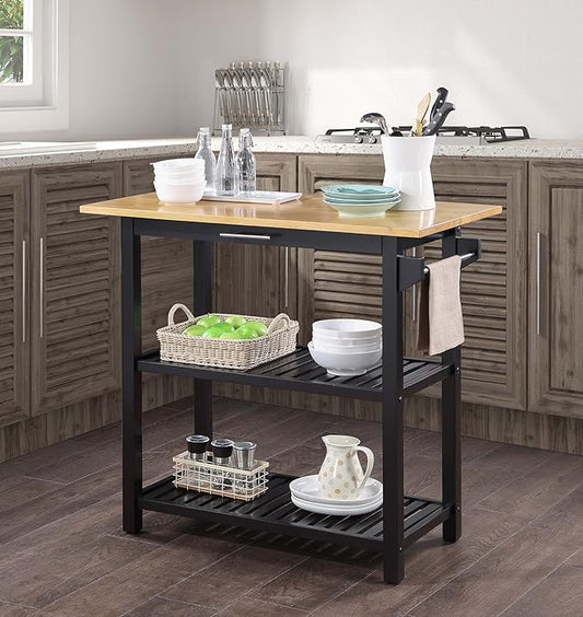 Convenience Concepts Designs2Go 3 Tier Butcher Block Kitchen Prep Island 40" - 3 Tier Modern Cooking Cart with Drawer, Food Serving Station for Kitchen, Dining Room, Black