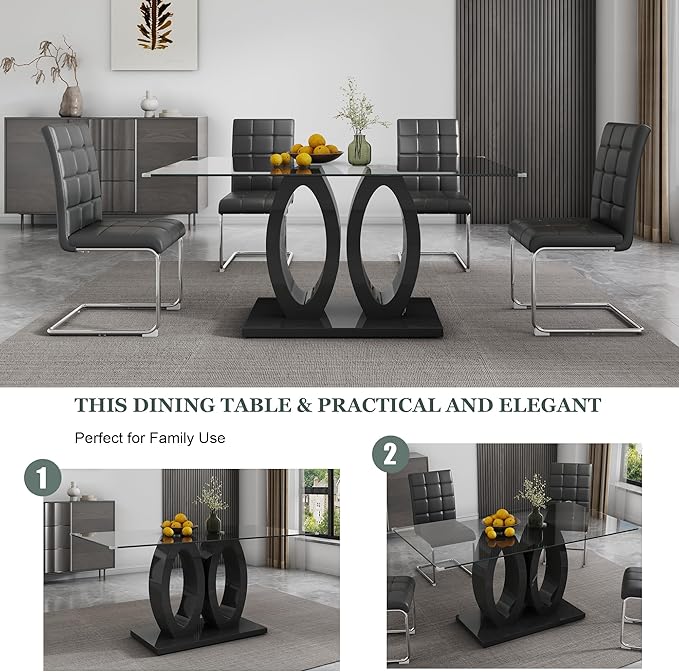 63" Glass Dining Table, Rectangular Kitchen Table with Tempered Glass Tabletop and Black O-Shaped MDF Base, Modern Dining Room Table for Kithchen, Living Room