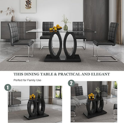 63" Glass Dining Table, Rectangular Kitchen Table with Tempered Glass Tabletop and Black O-Shaped MDF Base, Modern Dining Room Table for Kithchen, Living Room