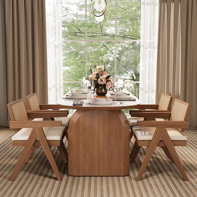 homary Japandi Oval Dining Table for 4, 59.1 Inch Solid Pine Wood Kitchen Table, Modern Mid Century Minimalist Kitchen & Dining Room Table, Double Pedestal Base, Walnut