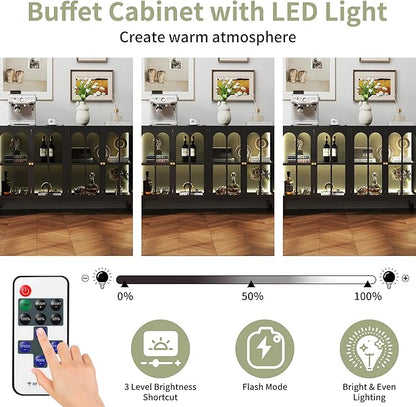 Foreate Sideboard Buffet Cabinet with Glass Door & LED Light, 53.2" Large Buffet Cabinet with Storage & Adjustable Shelf, Farmhouse Sideboard Credenzas Metal Kitchen Buffet, Black