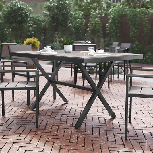 Flash Furniture Finch Commercial Grade X-Frame Outdoor Dining Table 59" x 35.5" with Faux Teak Poly Slats and Metal Frame, Gray/Gray