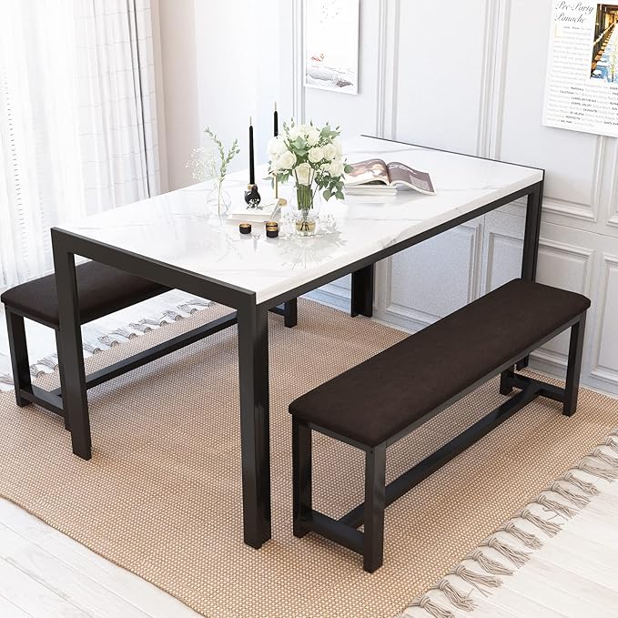 Recaceik Dining Table Set for 4, Kitchen Table and Chairs for 4, Faux Marble Dining Room Table with 2 Benches, Space Saving Dining Table and Upholstered PU Leather Bench for Small Spaces, White*