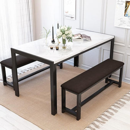 Recaceik Dining Table Set for 4, Kitchen Table and Chairs for 4, Faux Marble Dining Room Table with 2 Benches, Space Saving Dining Table and Upholstered PU Leather Bench for Small Spaces, White*