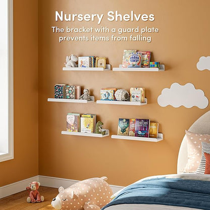 YUFLINX 16’’White Floating Shelves for Wall with Anti-Crash Design Set of 6,Nursery Book Shelves for Room Decor/Storage/Display,Hanging Wall Shelves for Bedroom, Bathroom, Living Room,Kids Room