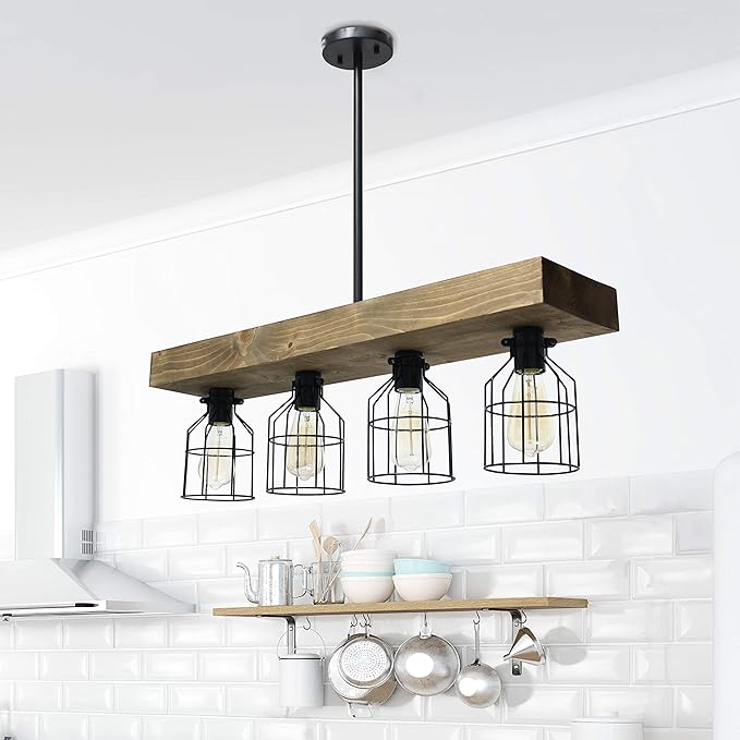 Elegant Designs CH1001-RWD 4 Light Rustic Farmhouse Industrial Wired Cage Pendant Island Light Chandelier, Restored Wood