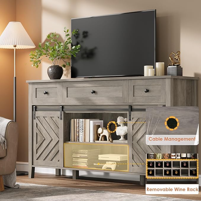 CABIHOME Farmhouse 59'' Buffet Cabinet with Sliding Barn Door, 33.4'' Tall Wood Rustic Sideboard with 3 Drawer, Adjustable Shelf and Removable Wine Rack for Dining Room, Kitchen, Living Room, Vintage