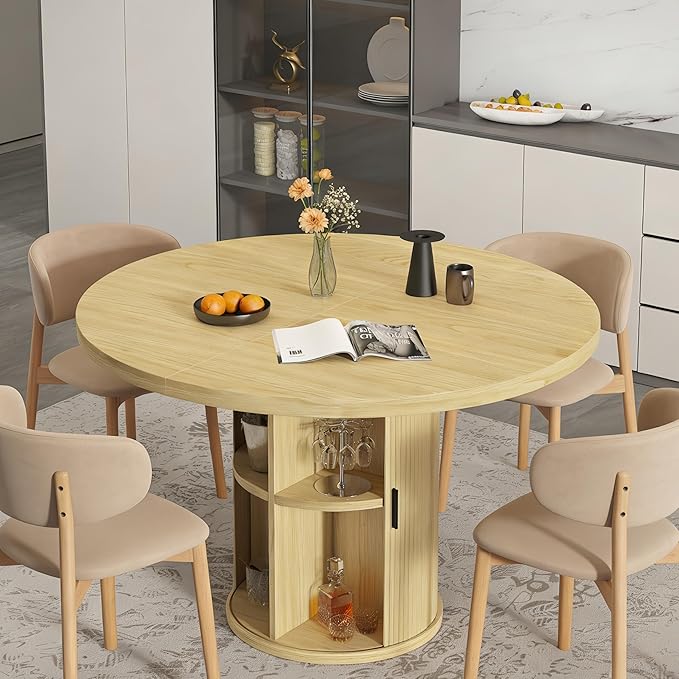 35.5'' Round Pedestal Dining Table, Modern Fluted Dining Room Kitchen Table with Storage Shelf, Wood Base Dinner Tables for Kitchen, Breakfast Nook, Small Space, Living Room(Natural)
