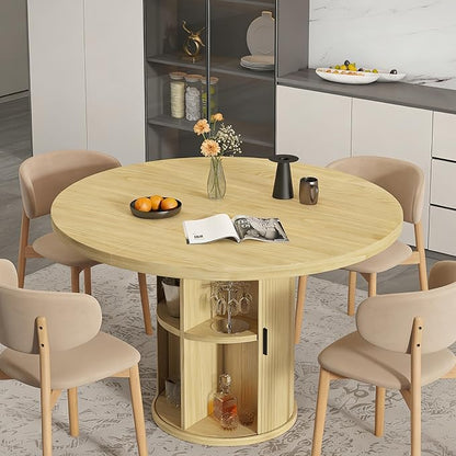 35.5'' Round Pedestal Dining Table, Modern Fluted Dining Room Kitchen Table with Storage Shelf, Wood Base Dinner Tables for Kitchen, Breakfast Nook, Small Space, Living Room(Natural)