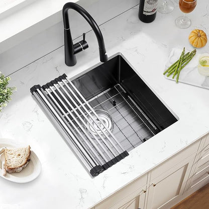 Black Kitchen Bar Sink Undermount, SINKVINE 18 Inch PVD Nano Stainless Steel Outdoor and Indoor Sink for Laundry RV, Deep Single Bowl with Drain Strainer, Bottom Rise Grid, Roll-up Drying Unit, 18x18