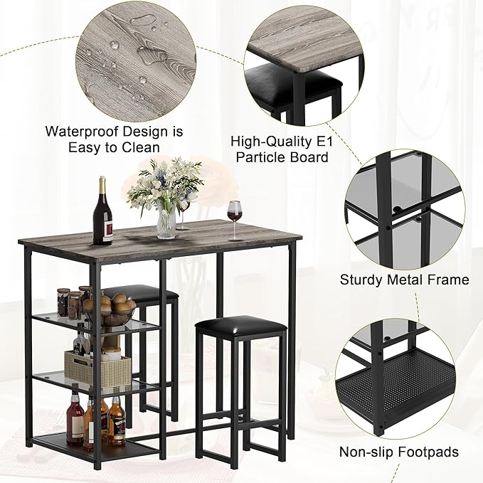 VECELO Dining Table Set for 2 with 3 Storage Shelves,Counter Height Kitchen Table and Chairs with Pu Cushion Chairs & Wood Top for Small Space,Dining Room,Apartment，Light Gray