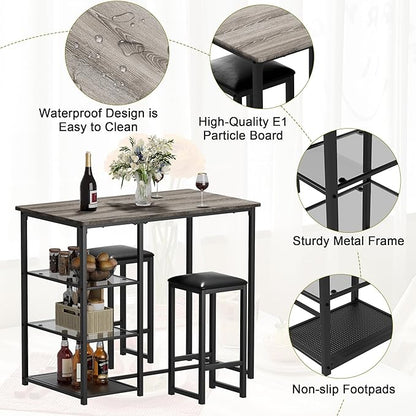 VECELO Dining Table Set for 2 with 3 Storage Shelves,Counter Height Kitchen Table and Chairs with Pu Cushion Chairs & Wood Top for Small Space,Dining Room,Apartment，Light Gray