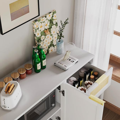 Gyger Rattan Kitchen Buffet Cabinet with 2 Doors 3 Shelves, Sideboard with Storage, Accent Cabinet for Kitchen, Dining Room, Hallway, Cupboard Console Table, White