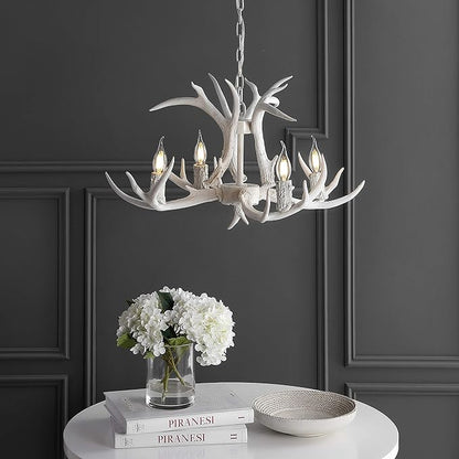 JONATHAN Y 26" White Rustic Resin Antler 4-Light LED Chandelier, Farmhouse Faux Deer Horn Hanging Ceiling Light for Dining Room, Kitchen Island, Adjustable Light Fixture (JYL6301B)