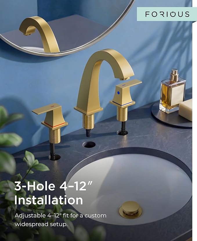 FORIOUS Bathroom Faucets 3 Hole, Brushed Gold Bathroom Sink Faucet for Vanity with Pop-up Drain and Supply Lines, Lead-Free 8 Inch Widespread Faucet for 3 Hole Sink
