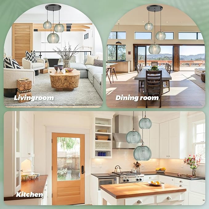 3-Light Cluster Pendant Lighting, Mid Century Modern Chandelier with Hand Blown Green Glass, Adjustable Kitchen Island Hanging Light for Dining Room, Bedroom, Living Room