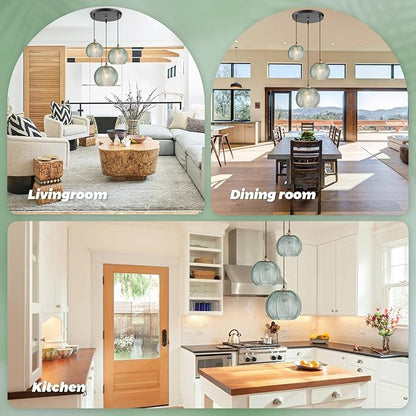 3-Light Cluster Pendant Lighting, Mid Century Modern Chandelier with Hand Blown Green Glass, Adjustable Kitchen Island Hanging Light for Dining Room, Bedroom, Living Room