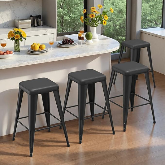 Backless Bar Stools Set of 4, Upholstered Faux Leather Counter Height Stools with Sturdy Metal Legs, 26 Inch Barstools for Kitchen Island (Black)