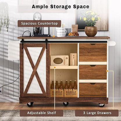 Ball & Cast Farmhouse Kitchen Island with Drop Leaf & Barn Door,Rolling Kitchen Cart on Wheels with Power Outlet,3 Large Drawers,Adjustable Shelf & Spice Rack,for Home,Kitchen,Dining Room,White,56"